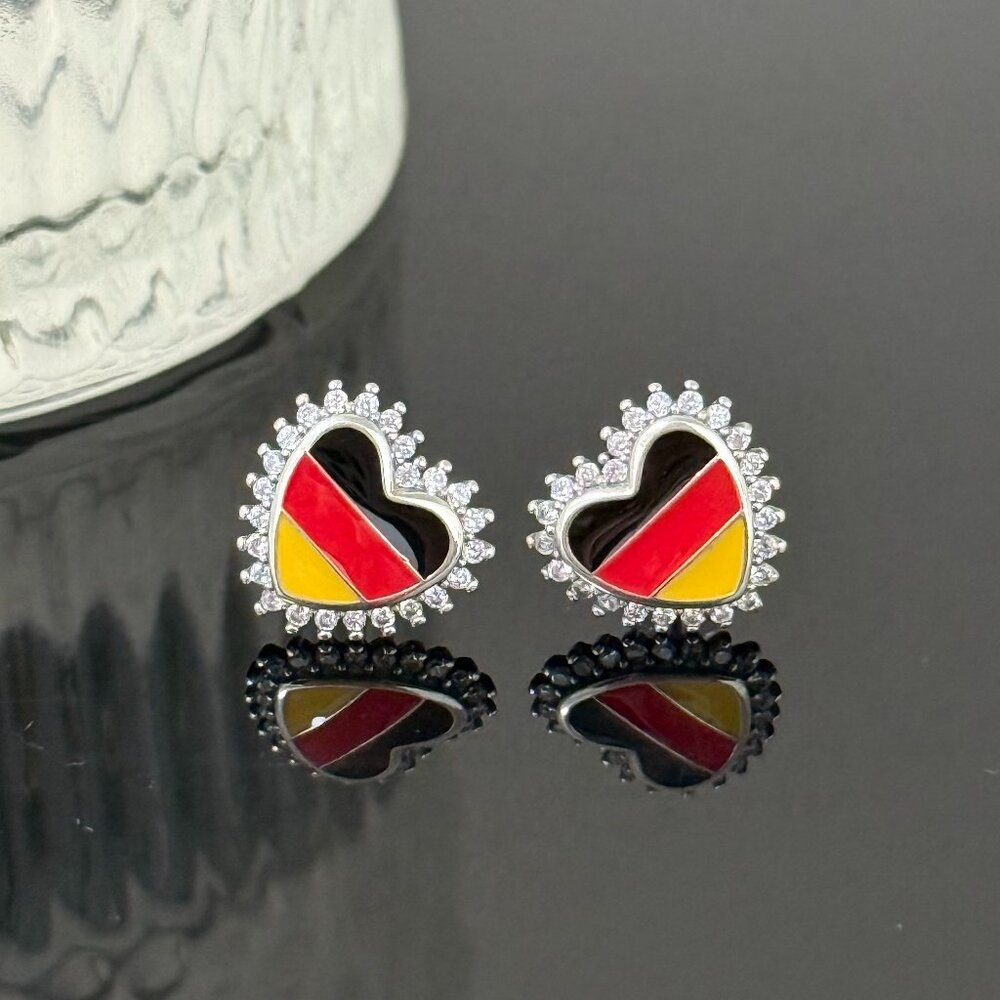 Germany Flag Earrings Heart bling S925 Sterling Silver Handmade Ear Stud